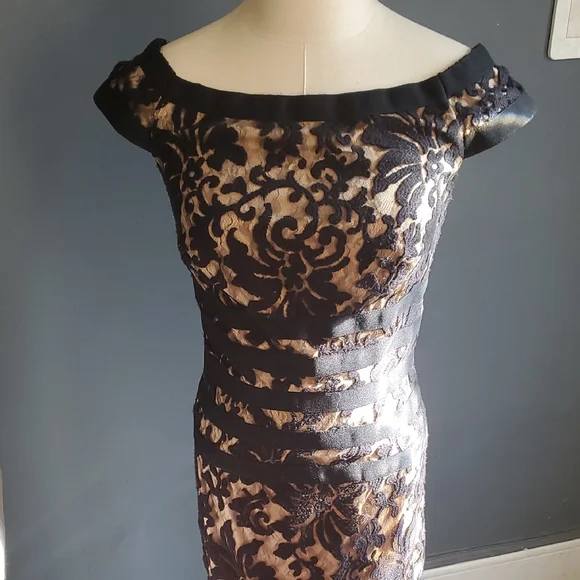 Tadashi Shoji Banded Lace  Black and Tan Maxi Gown with Flutter Cap Slee… - Picture 5 of 12